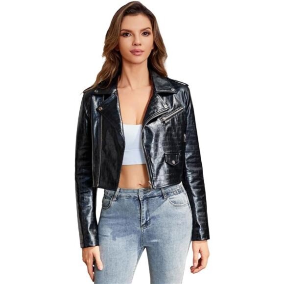 Faux Leather Jacket, Crop Short Cropped Black4